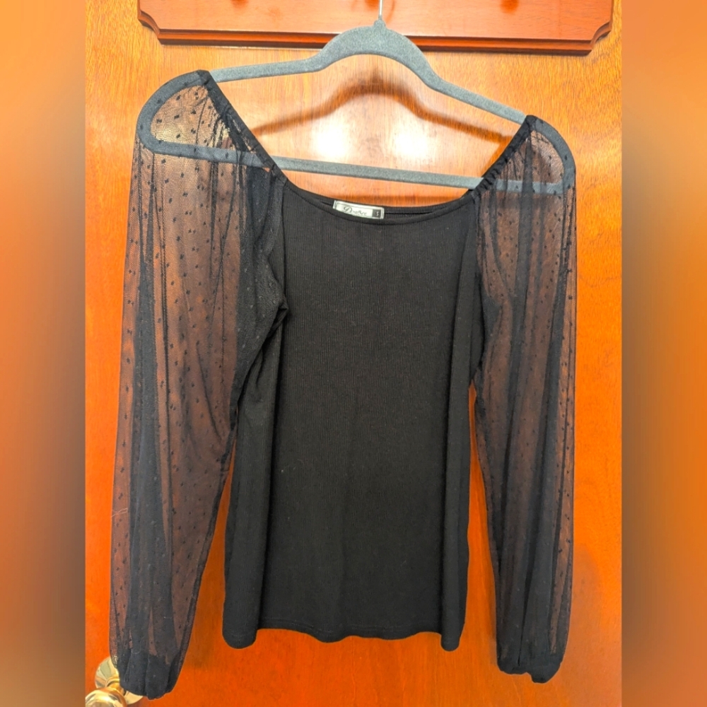 Black Knit Top Sheer Long Sleeves